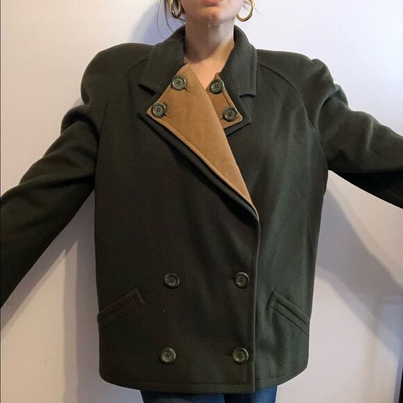 VINTAGE Valentino Boutique 80s Oversized Wool Pea Coat Jacket Hunter Green Sz 6 - Picture 8 of 16
